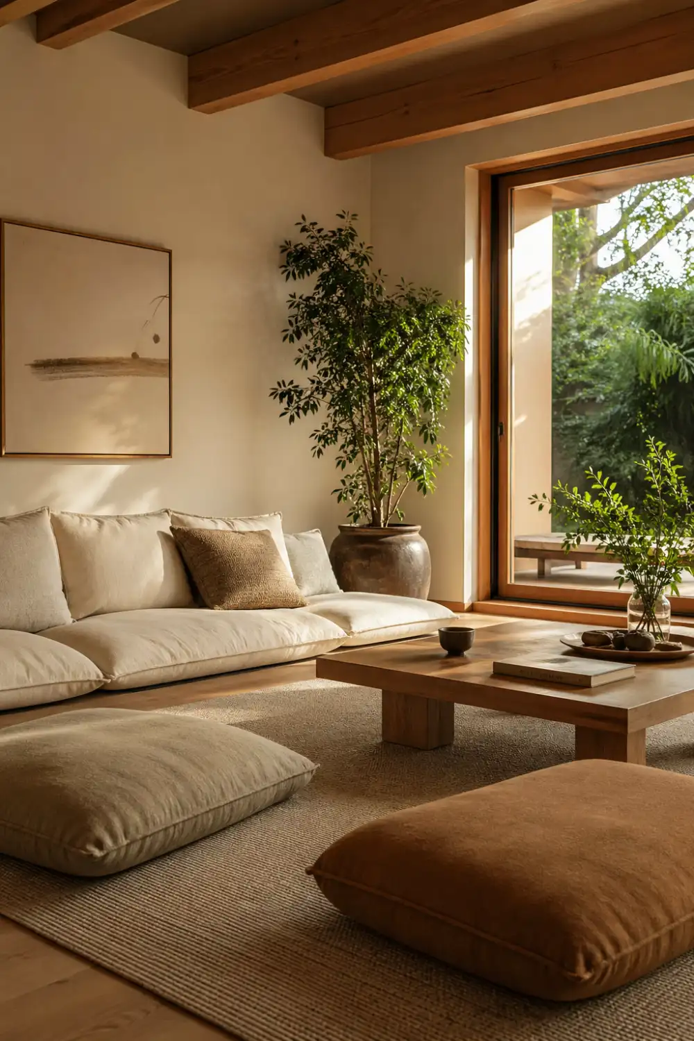 low seating living room floor cushions neutral sofa cozy lounge style japanese inspired interior warm tones minimal decor