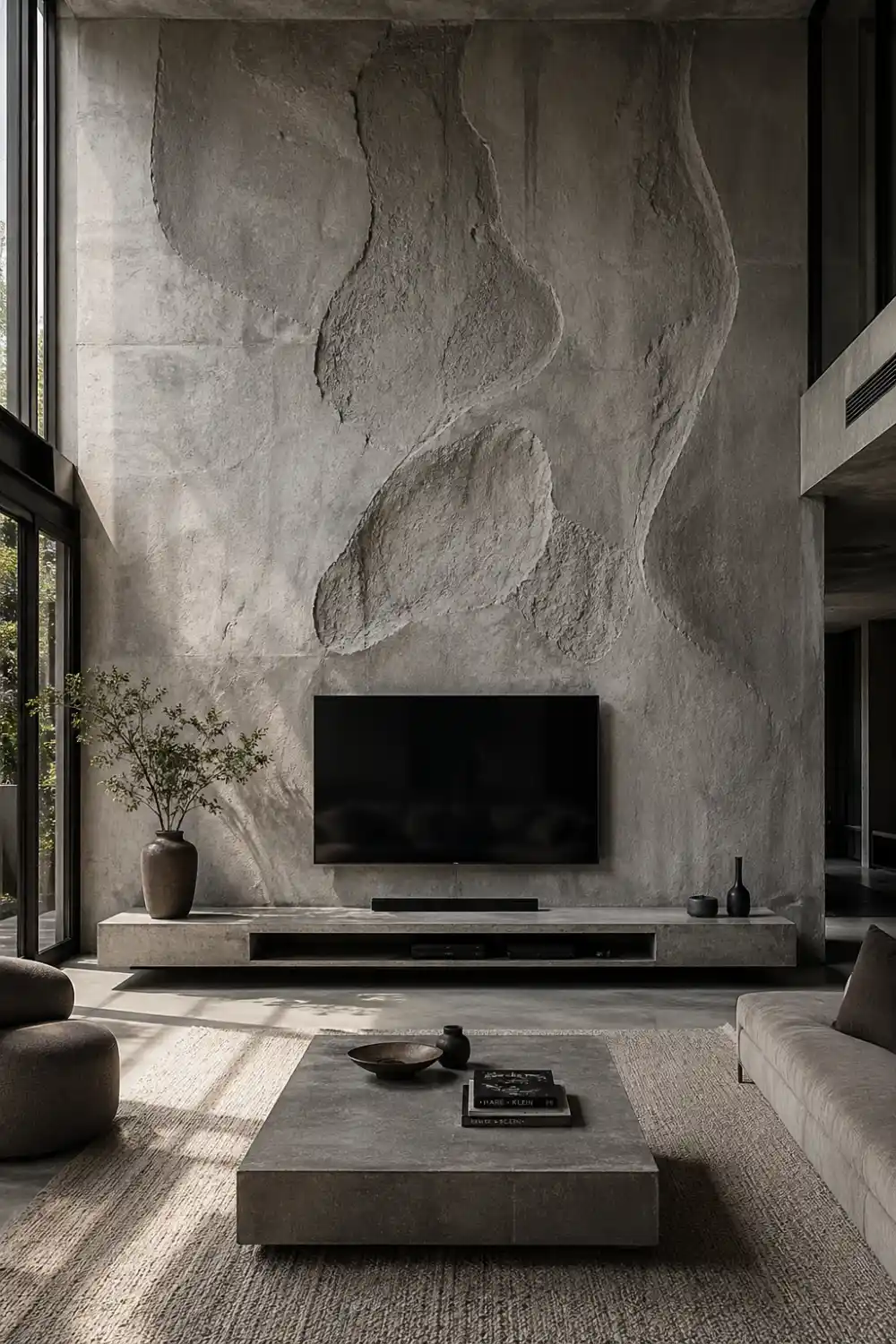 sculpted concrete textured 3D TV wall with organic patterns, minimalist modern living room interior, neutral tones with natural light and sleek TV setup