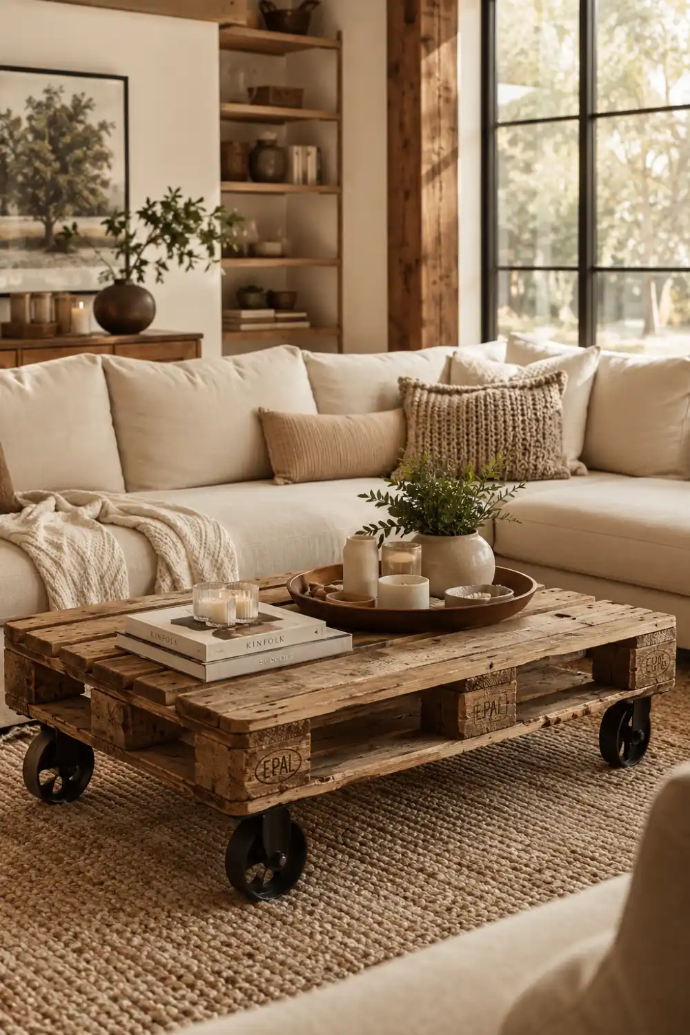 Rustic wooden pallet coffee table with industrial wheels styled with candles, books, greenery, woven rug, and cozy cream sectional sofa inside a warm modern farmhouse living room.
