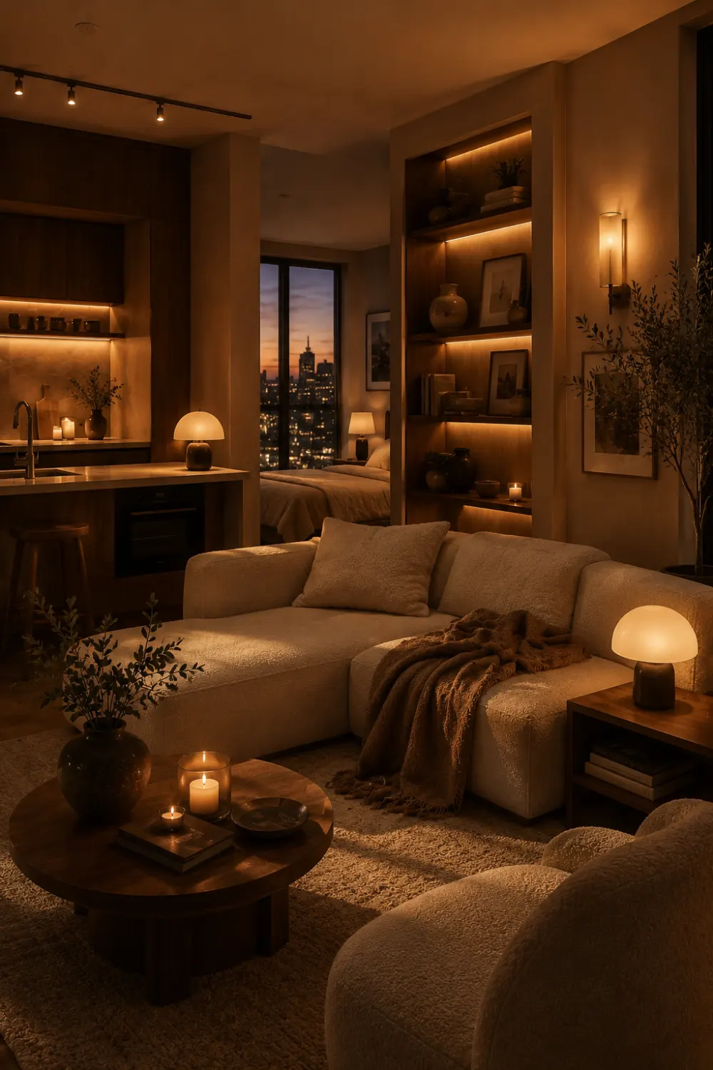 Cozy luxury studio apartment with layered warm lighting, candles, soft neutral sofa, ambient shelf lighting, modern decor, and boutique hotel inspired apartment aesthetic.