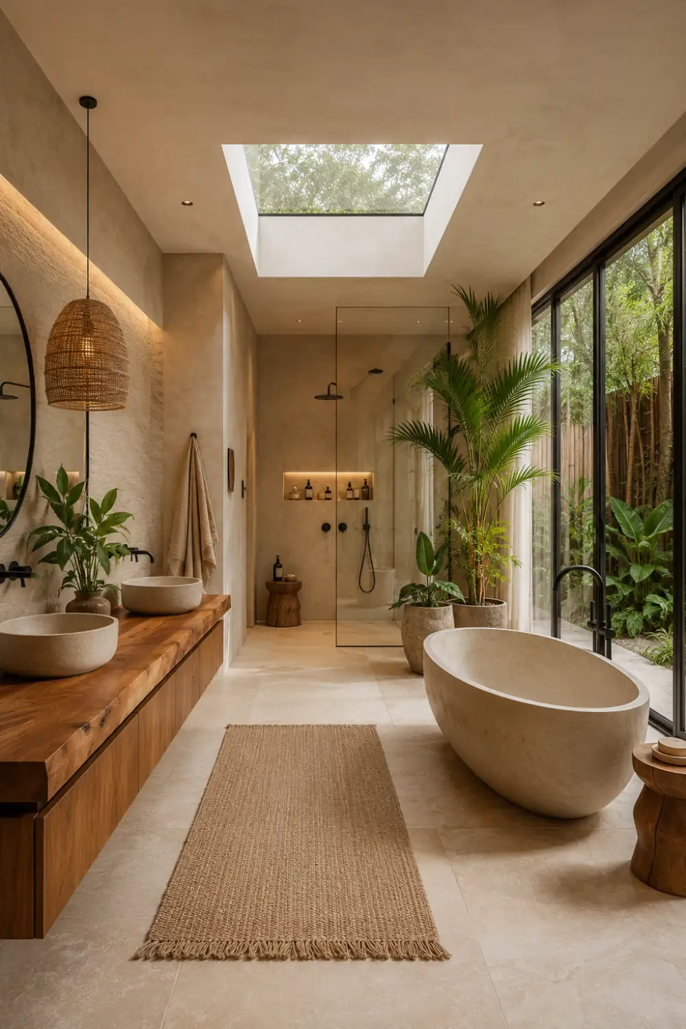 Earthy tropical bathroom with skylight ceiling, freestanding stone bathtub, natural wood vanity, large indoor plants, woven rug, frameless shower, and warm organic spa-inspired interior design with resort-style vibes.