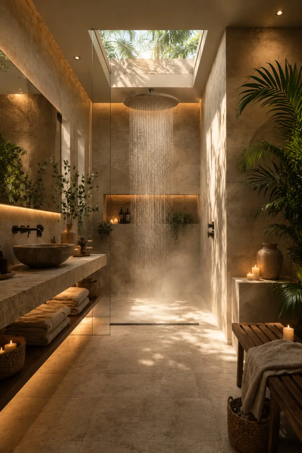 Tropical resort-style rain shower with stone walls, skylight ceiling, lush greenery, wood accents, candles, and luxury spa bathroom interior design.