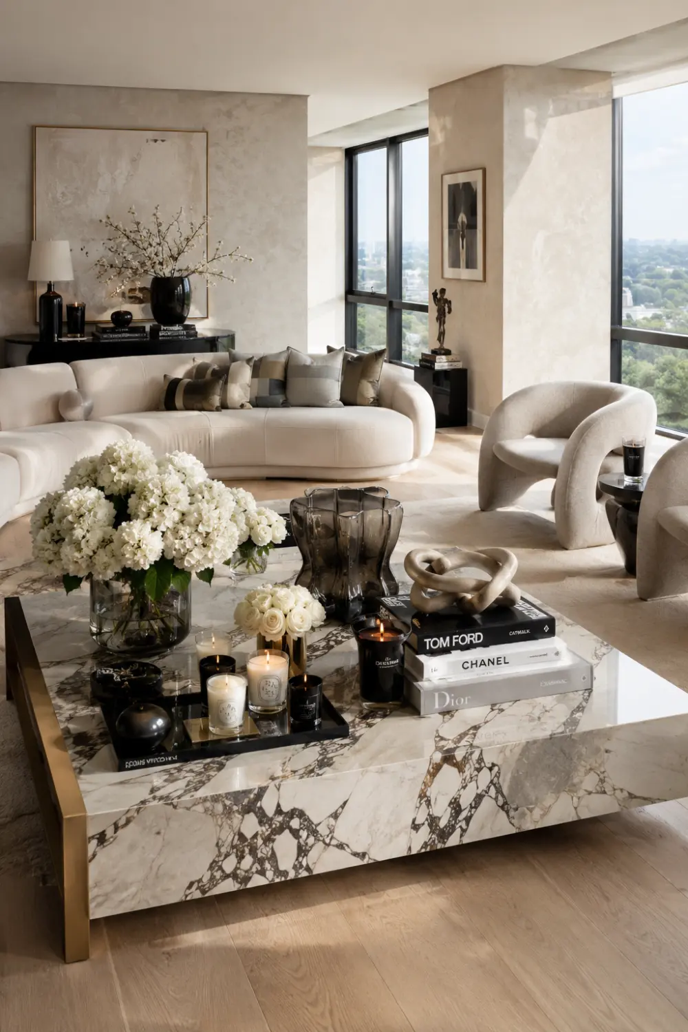 Modern glam living room with a large marble coffee table styled using black accents, designer books, candles, crystal decor, fresh white flowers, and sculptural accessories. Bright neutral seating and oversized windows create a luxurious Pinterest-inspired designer home atmosphere.