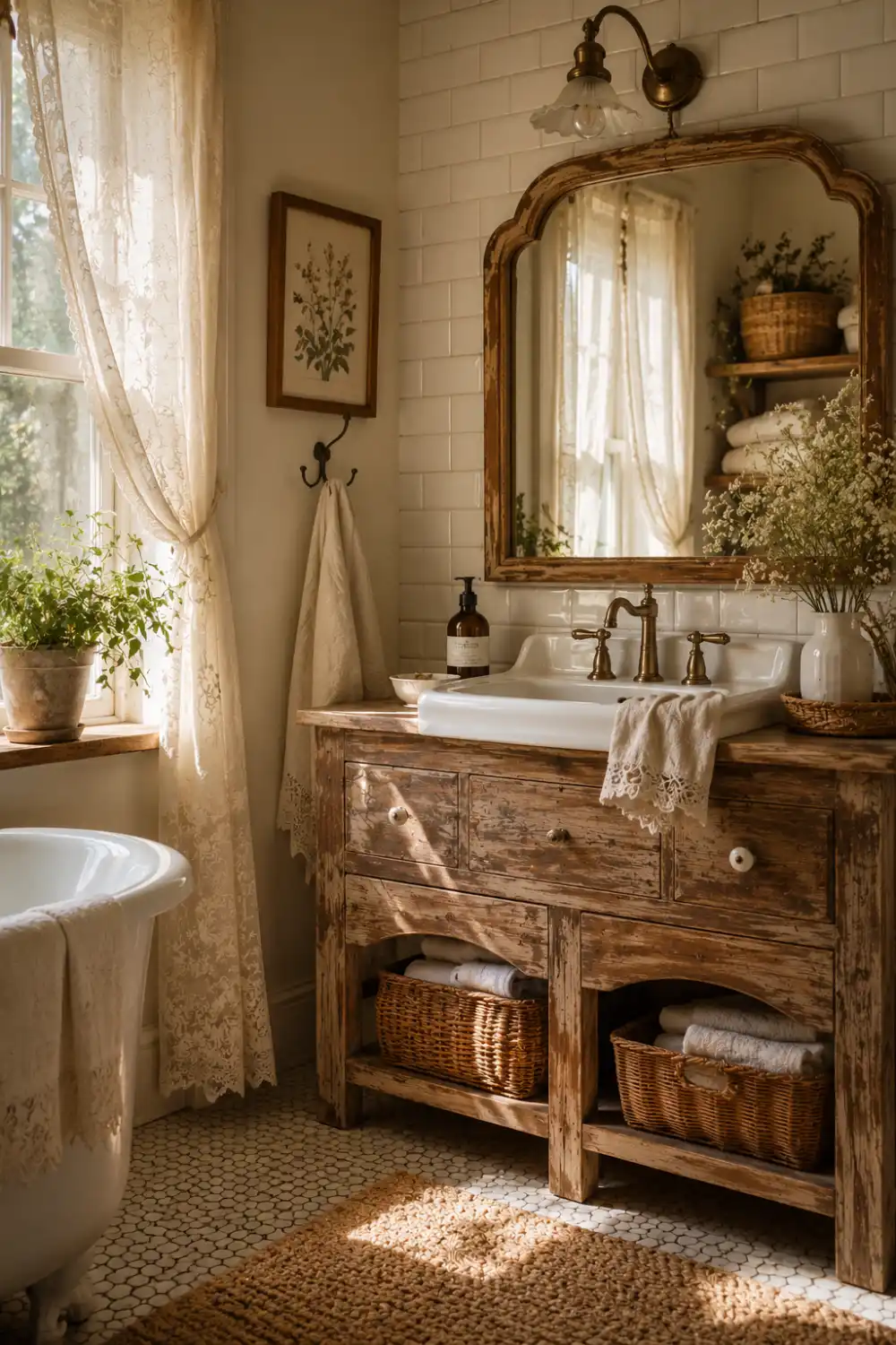 Rustic farmhouse vintage bathroom with weathered wooden vanity, lace curtains, subway tile walls, woven baskets, brass fixtures, and soft warm sunlight.