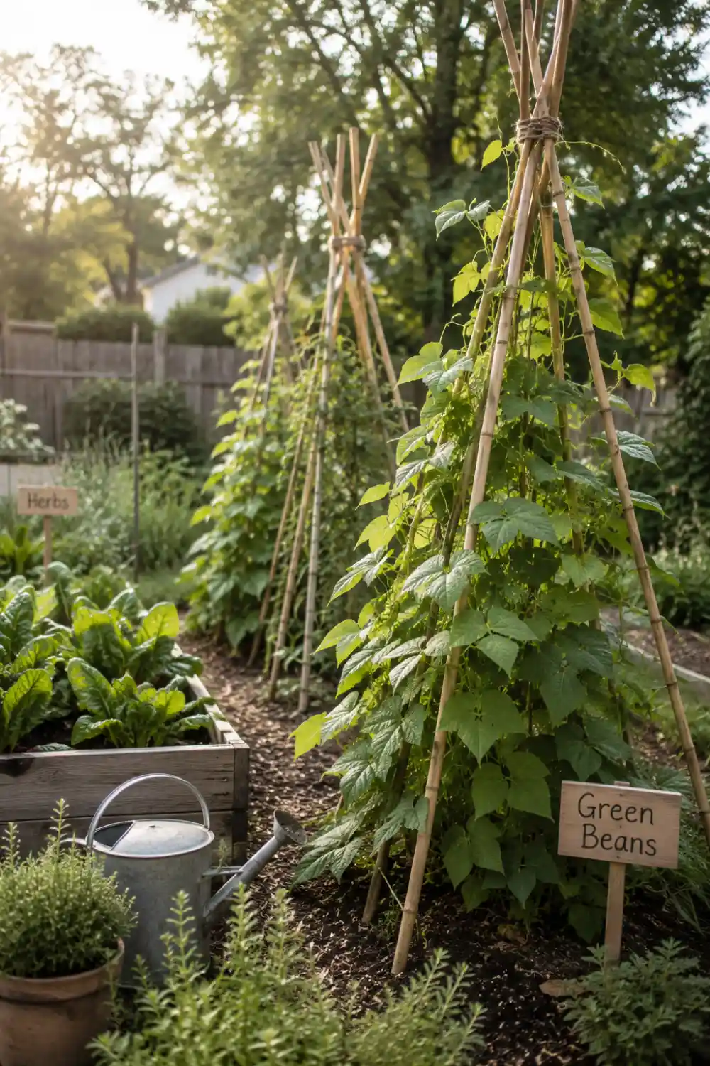 DIY bamboo teepee garden trellis with climbing green bean plants growing beside raised vegetable garden beds and herbs in a natural backyard setting.