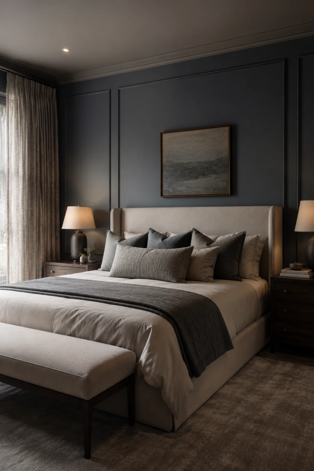 Smoky blue gray luxury bedroom with dark painted walls, cream upholstered bed, layered gray bedding, warm wood furniture, soft lighting, elegant wall molding, and modern quiet luxury interior styling with sophisticated decor.