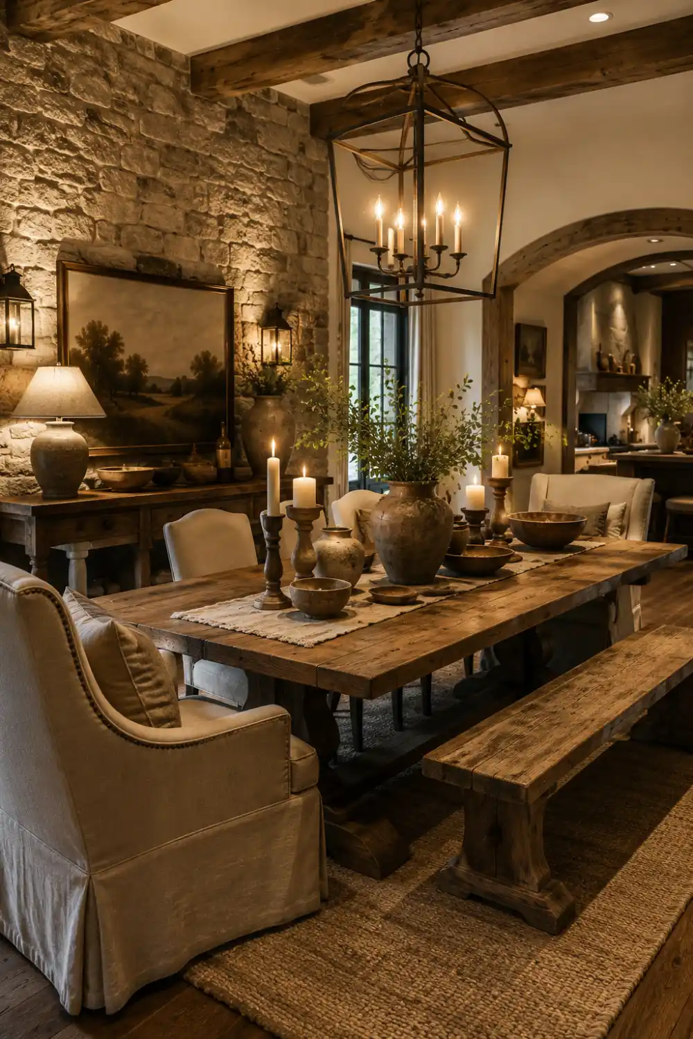 Warm rustic dining room with stone accent wall, reclaimed wood dining table, upholstered farmhouse seating, lantern chandelier, candlelit decor, earthy pottery, natural greenery, textured neutral rug, exposed wooden beams, and cozy countryside farmhouse interior styling.