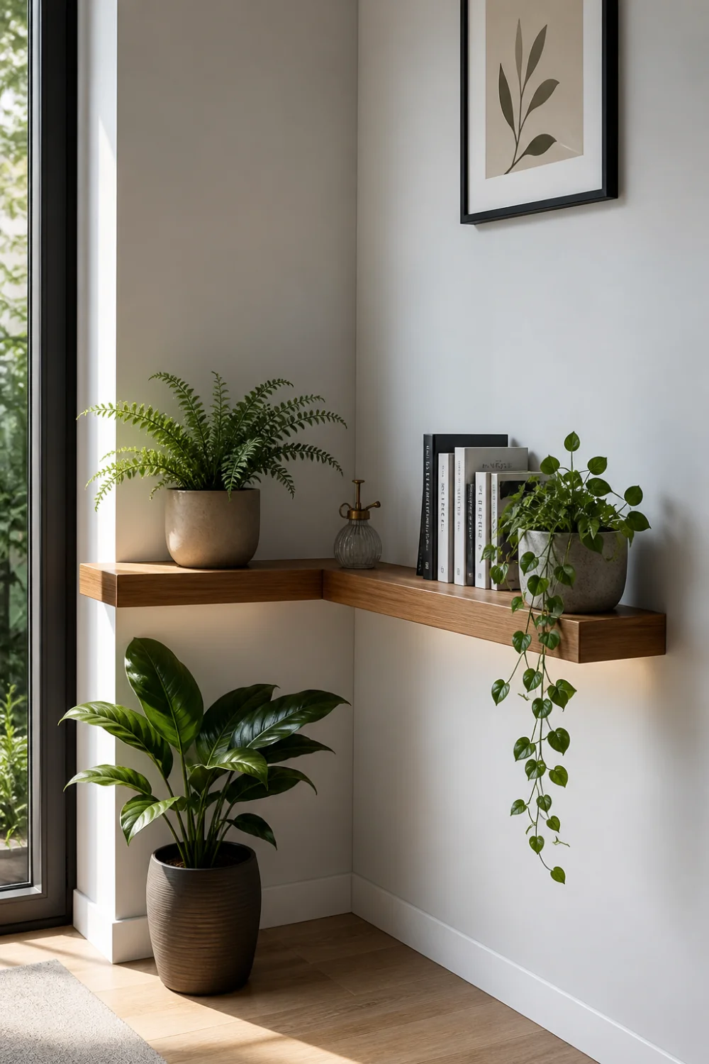 corner floating shelf wooden L shape shelves small space storage modern wall decor plant styling DIY floating shelves corner design