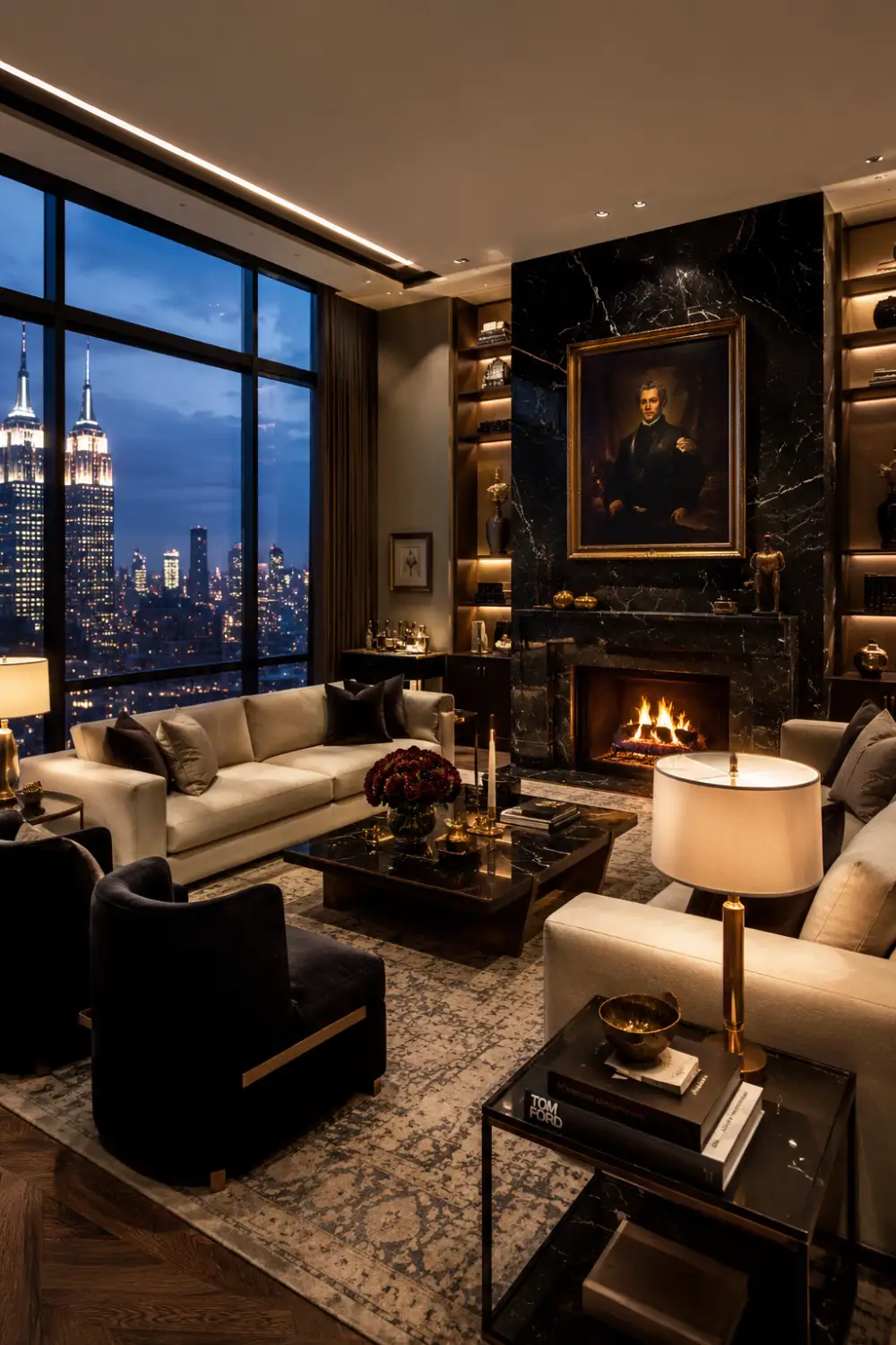 Luxury penthouse old money living room with floor-to-ceiling skyline windows, black marble fireplace, cream sofas, velvet accent chairs, gold decor accents, warm lighting, and elegant modern luxury apartment interior design.