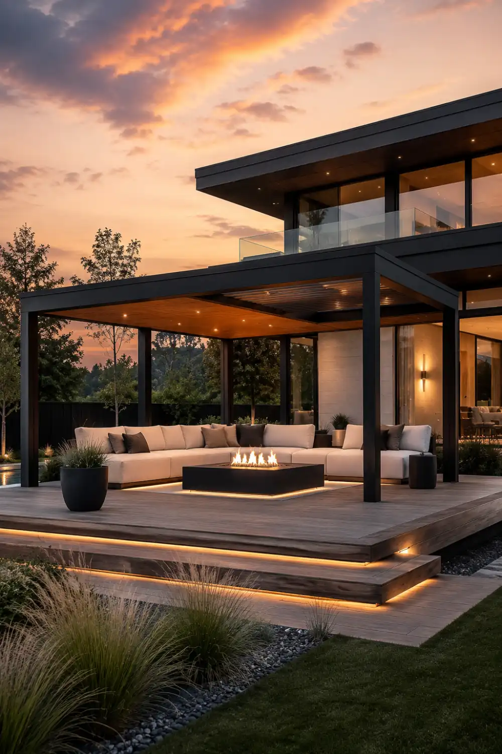 Modern floating deck gazebo with black framing, warm LED lighting, large sectional seating, central fire pit, wood decking, and luxury contemporary backyard design at sunset.