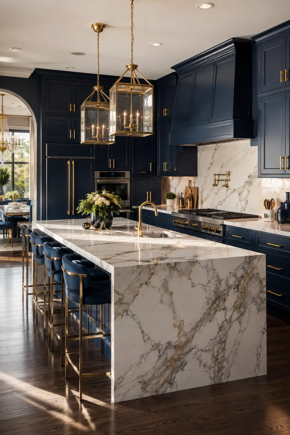 Navy blue kitchen cabinets with gold hardware, white marble island, brass lighting, and elegant luxury kitchen interior design