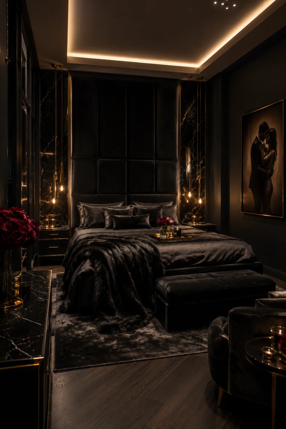 Moody black luxury romantic bedroom with dark velvet bedding, black marble accents, pendant lighting, oversized padded headboard, warm ambient ceiling lights, plush textures, and modern hotel-inspired decor.