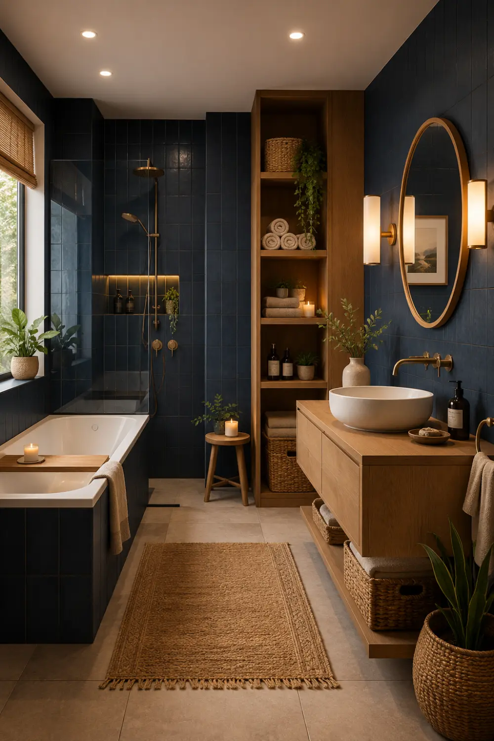 Modern navy blue bathroom with natural wood vanity, open wood shelving, woven baskets, candles, indoor plants, spa decor, and cozy organic luxury bathroom inspiration.