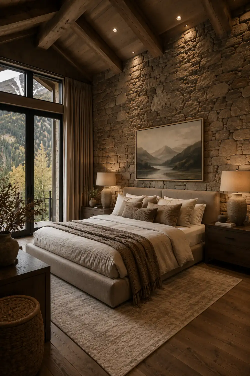 Rustic luxury bedroom with natural stone veneer feature wall, wooden ceiling beams, mountain lodge decor, warm neutral bedding, soft lighting, earthy textures, large windows, and cozy cabin-style bedroom inspiration.