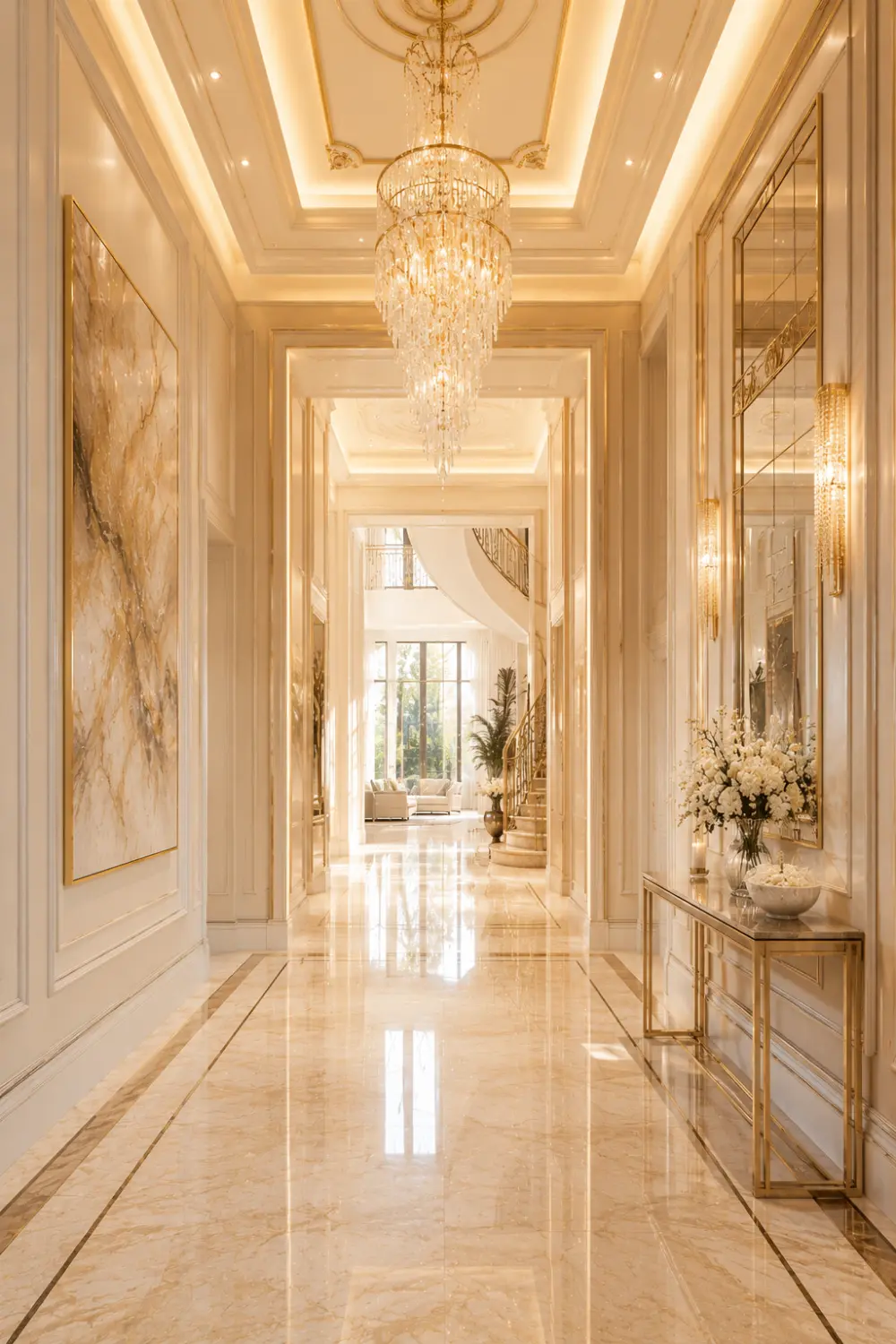 Glamorous luxury hallway with oversized crystal chandelier, gold wall accents, glossy marble flooring, large mirrors, elegant console table, warm lighting, and modern mansion inspired interior design.