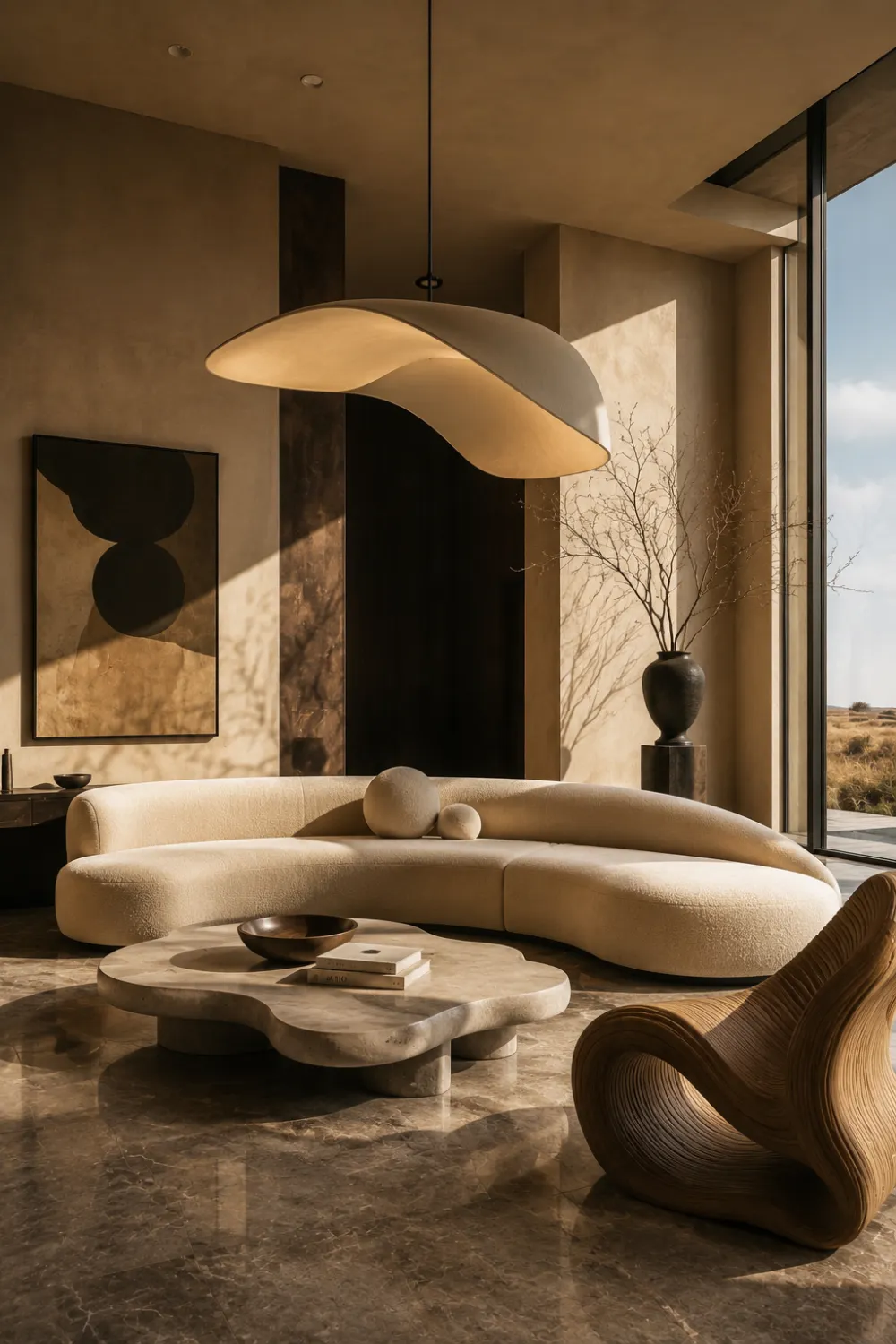 Modern sculptural living room with curved cream sofa, abstract coffee table, artistic chair design, marble flooring, oversized pendant light, and elegant luxury autumn home decor styling.