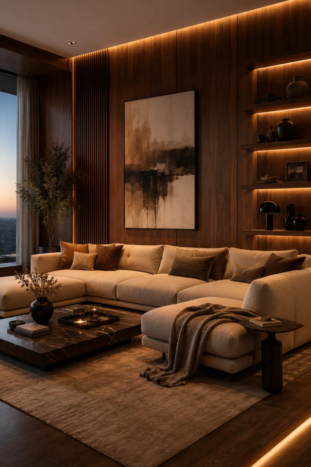 Warm walnut modern living room with floor-to-ceiling wood panels, cream sectional sofa, hidden LED lighting, marble coffee table, cozy neutral decor, and luxury apartment interior inspiration.