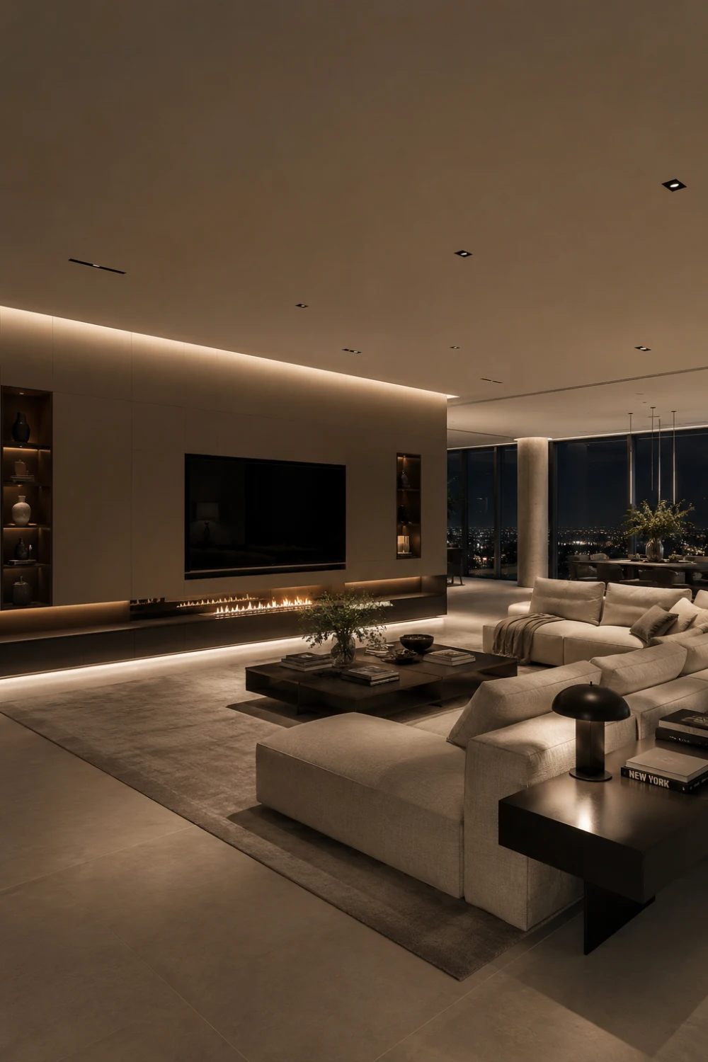 Seamless minimalist fireplace TV wall with modern linear fireplace, soft ambient lighting, oversized neutral sectional sofa, and luxury contemporary living room interior design.