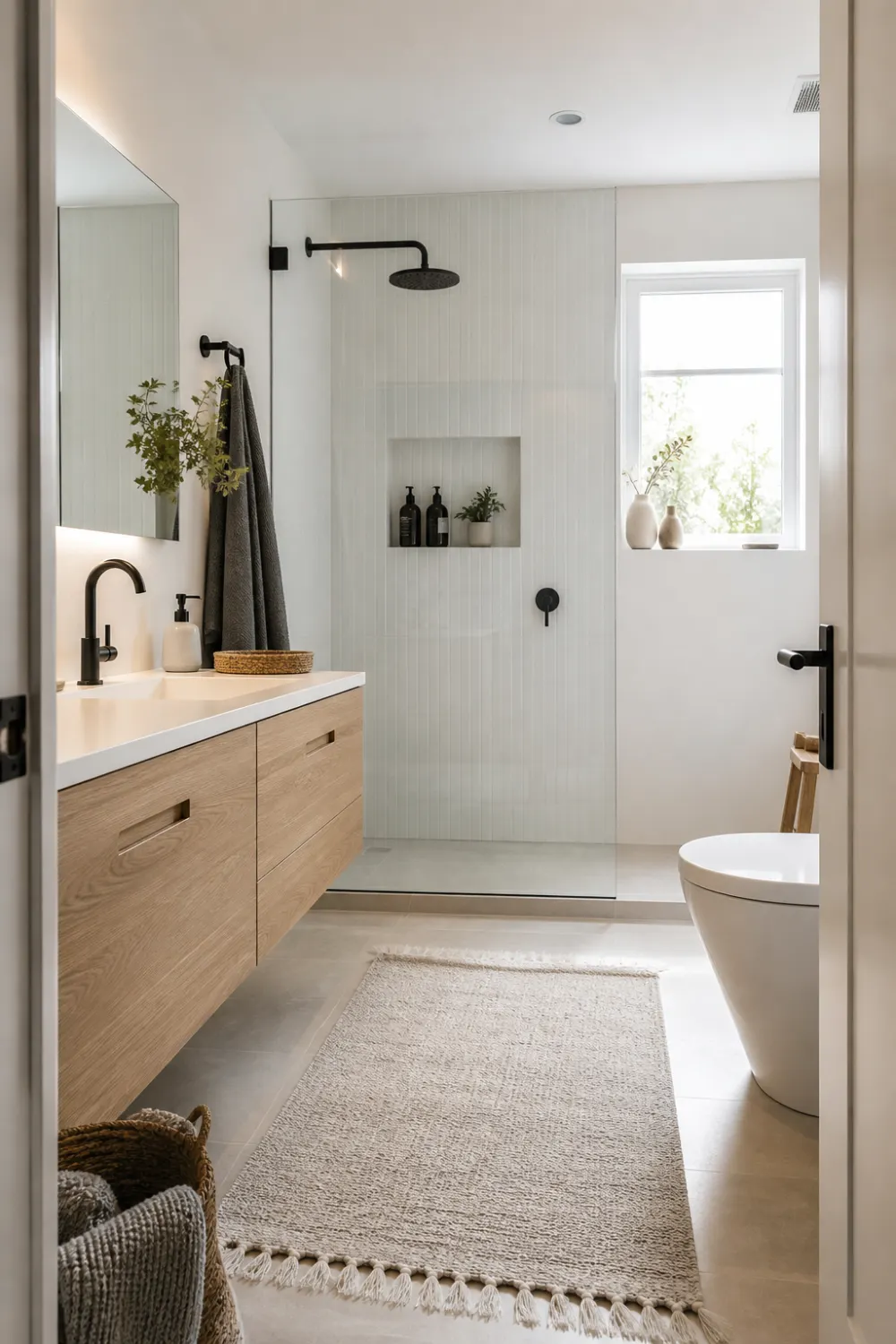 scandinavian black and white bathroom with wood vanity, white walls, matte black fixtures, glass shower, soft natural lighting, cozy modern bathroom interior