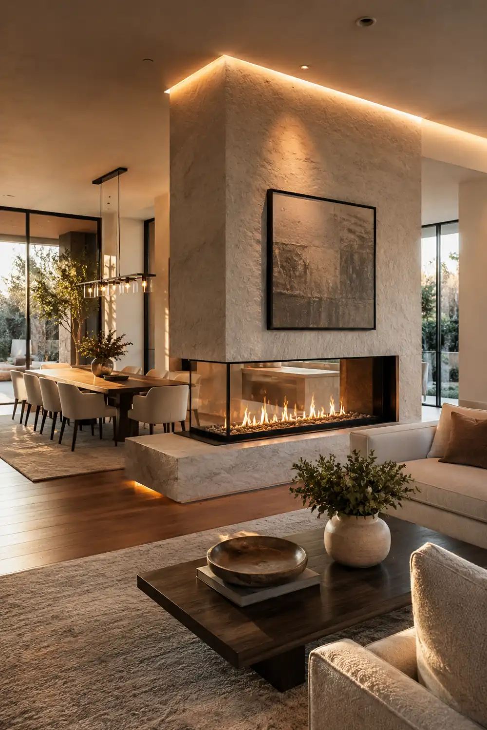 Cozy Japandi fireplace living room with soft plaster walls, warm wood furniture, neutral decor, and minimalist organic interior styling