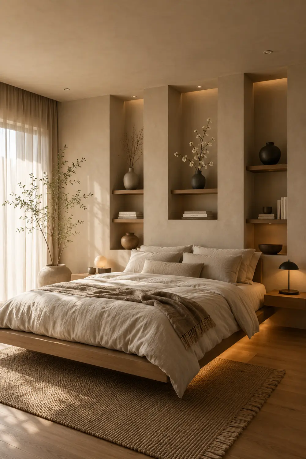 Minimal Japandi bedroom with recessed wall niches, floating wooden bed, hidden shelf lighting, textured plaster walls, woven rug, soft neutral bedding, and warm cozy minimalist decor.
