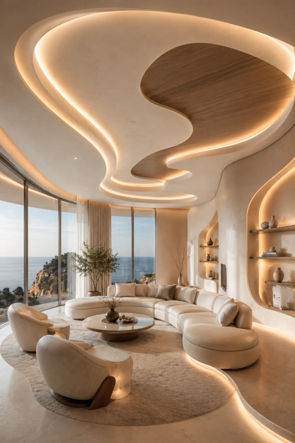 Curved organic modern ceiling with flowing architectural shapes, hidden warm LED lighting, luxury neutral decor, and futuristic contemporary living room design.