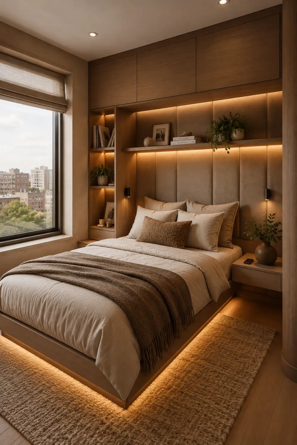 Tiny bedroom with ceiling storage cabinets, built-in shelves, warm hidden LED lighting, soft beige decor, wood textures, and smart organization ideas for small apartment living.