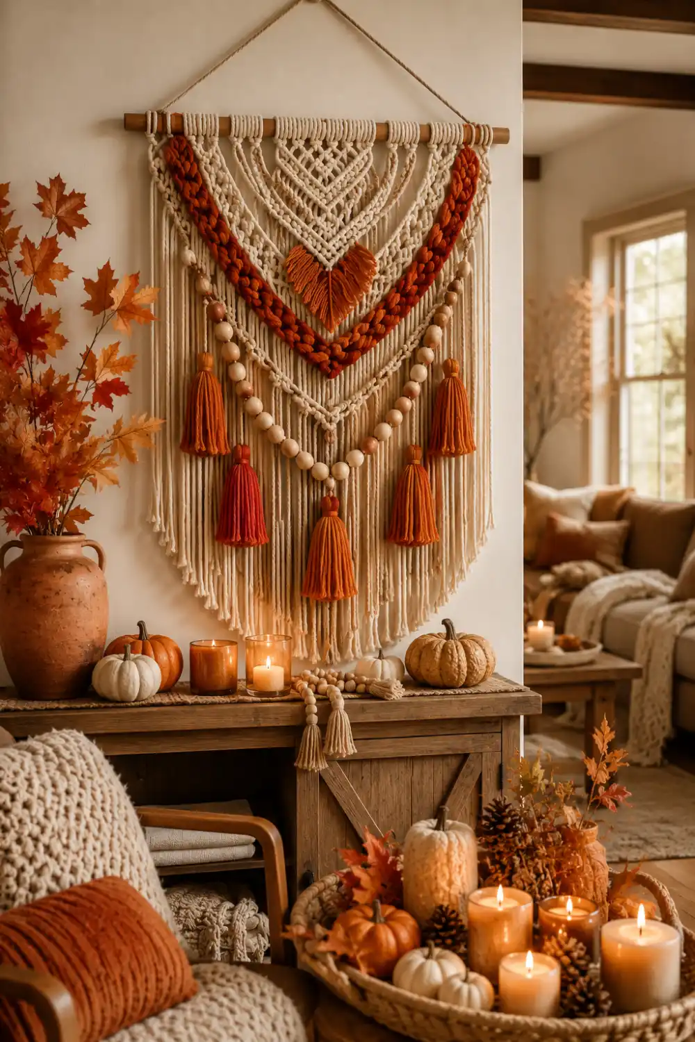 Cozy fall inspired macrame wall hanging with burnt orange tassels, cream cotton textures, wooden beads, pumpkins, candles, and warm autumn decor styled in a rustic boho living room.
