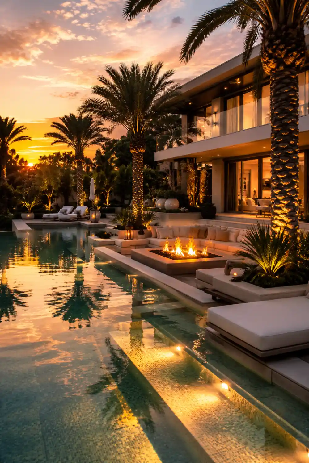 Luxury poolside fire pit retreat with glowing swimming pool, modern outdoor lounge seating, palm trees, warm sunset lighting, and upscale resort-style backyard landscaping.