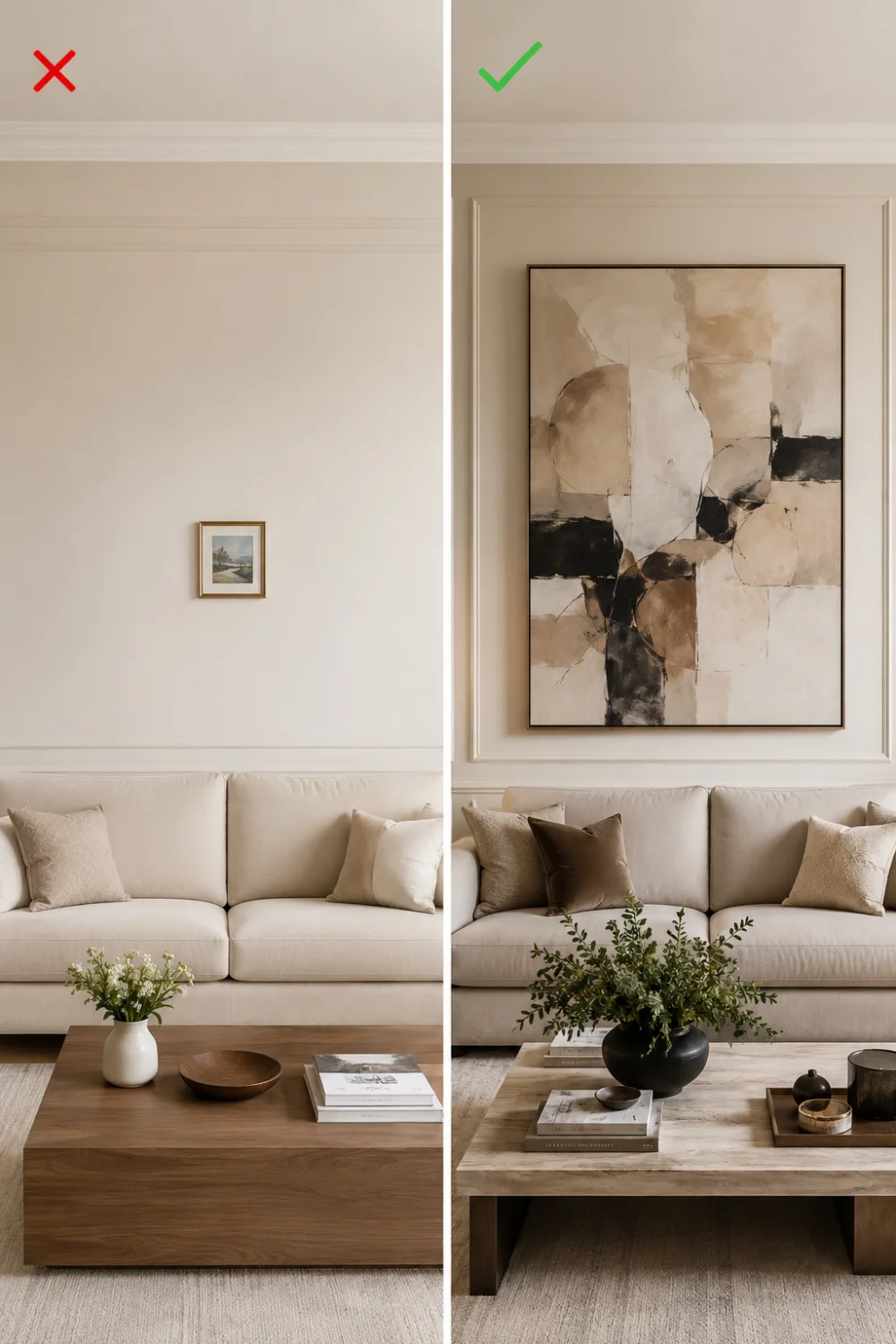 Tiny wall art versus oversized artwork above sofa in elegant neutral luxury living room interior