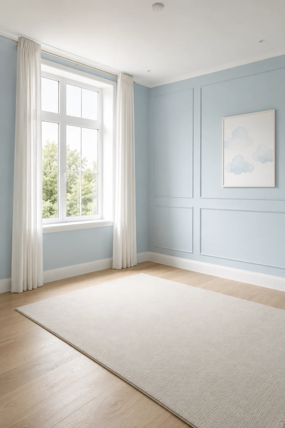 Airy baby blue room with white curtains, light wood flooring, soft wall molding, and bright Scandinavian-inspired interior decor.