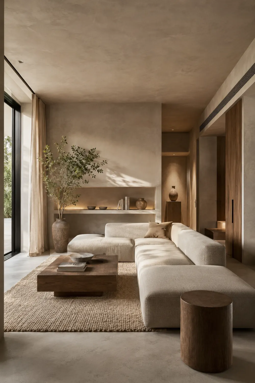 Modern minimalist living room with smooth concrete texture walls, cream sectional sofa, natural wood furniture, woven rug, earthy neutral decor, and soft sunlight creating a warm architectural luxury interior.