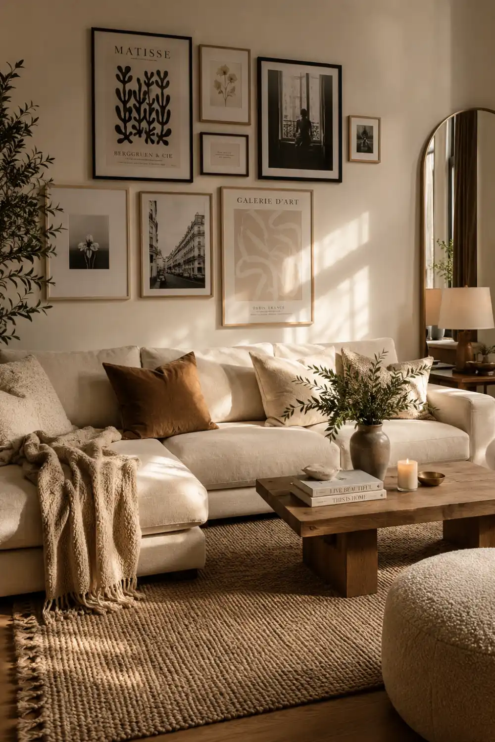 Modern apartment gallery wall with framed minimalist artwork, cream sectional sofa, warm sunlight, textured neutral decor, woven rug, wooden coffee table, and cozy Pinterest-inspired living room styling creating an elegant and personalized apartment atmosphere.