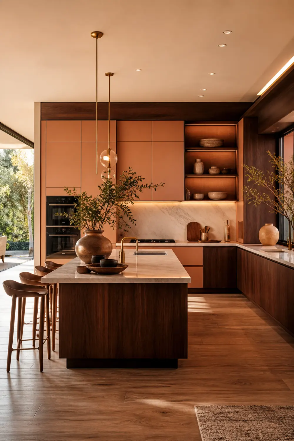 peach and dark wood kitchen with marble countertop, warm lighting, rich wood cabinets, modern luxury kitchen design with cozy atmosphere