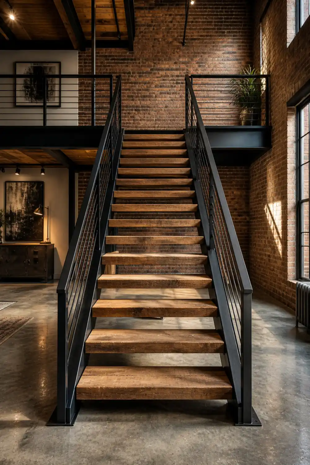 industrial staircase with wooden steps, black metal railing, exposed brick wall, loft style modern interior
