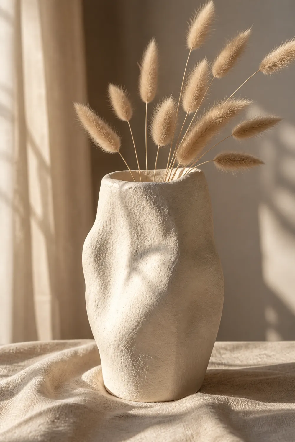 organic DIY plaster vase with dried pampas grass soft natural lighting neutral tones modern home decor aesthetic minimalist styling