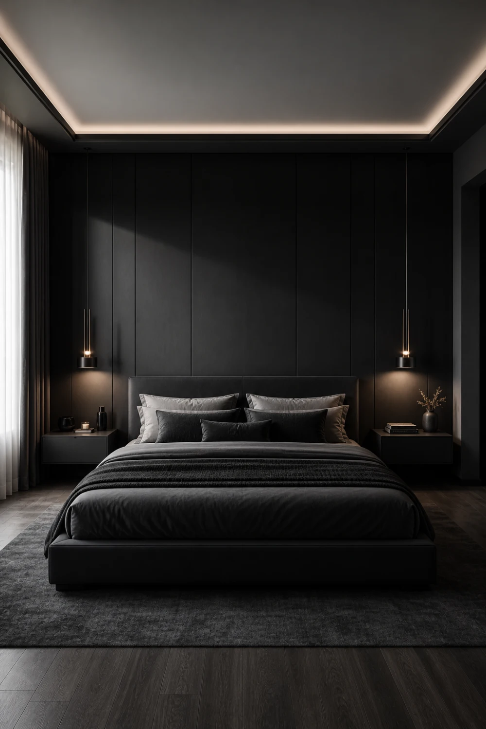 matte black panel headboard dark modern bedroom sleek panels soft lighting luxury bed setup monochrome bedroom decor dramatic aesthetic