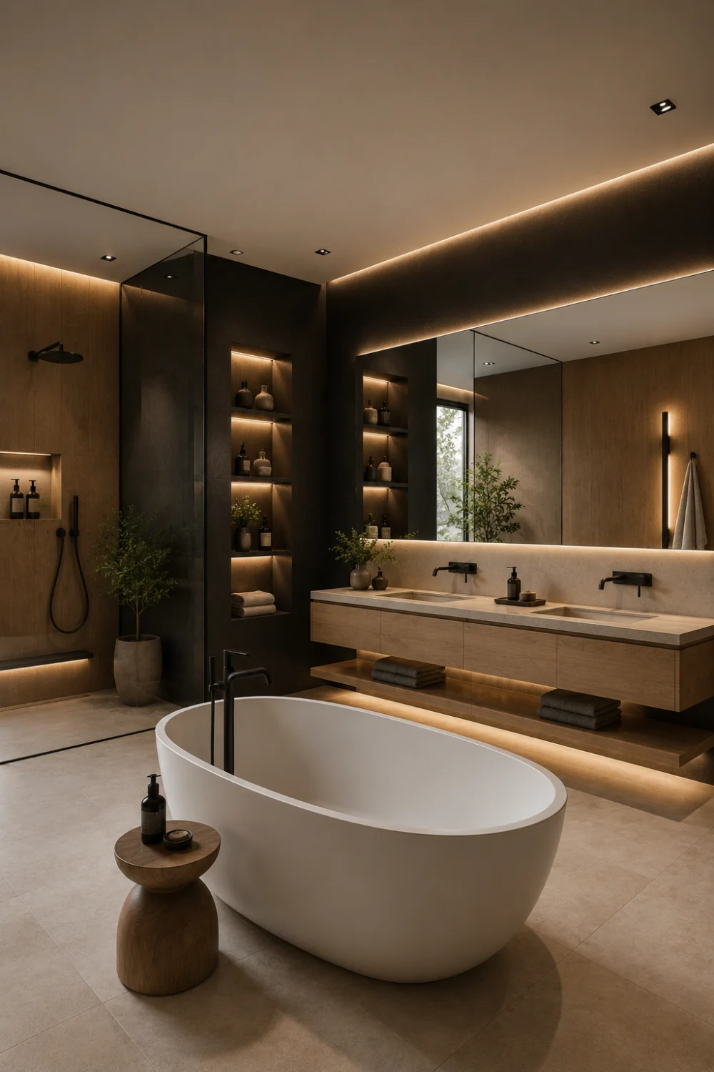 Modern Japandi bathroom with luxury hotel vibes, floating double vanity, hidden LED lighting, freestanding soaking tub, dark accent walls, frameless glass shower, warm wood textures, and elegant spa-inspired decor.