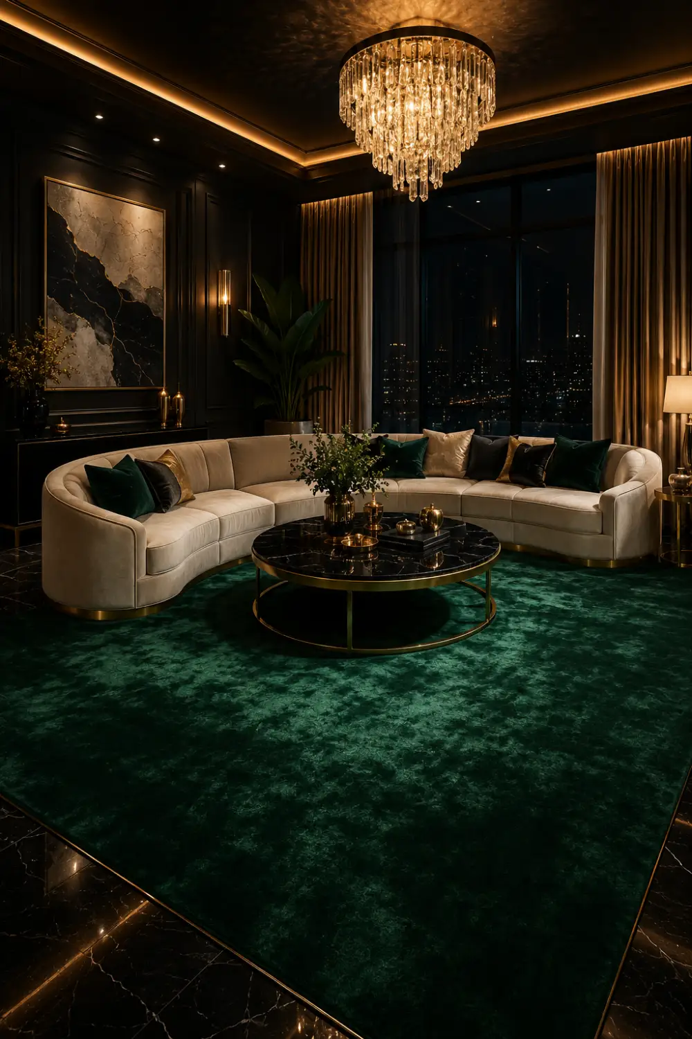 Luxury living room with emerald green velvet rug, curved cream sofa, gold accents, crystal chandelier, dark elegant walls, and glamorous modern interior design with upscale decor styling.