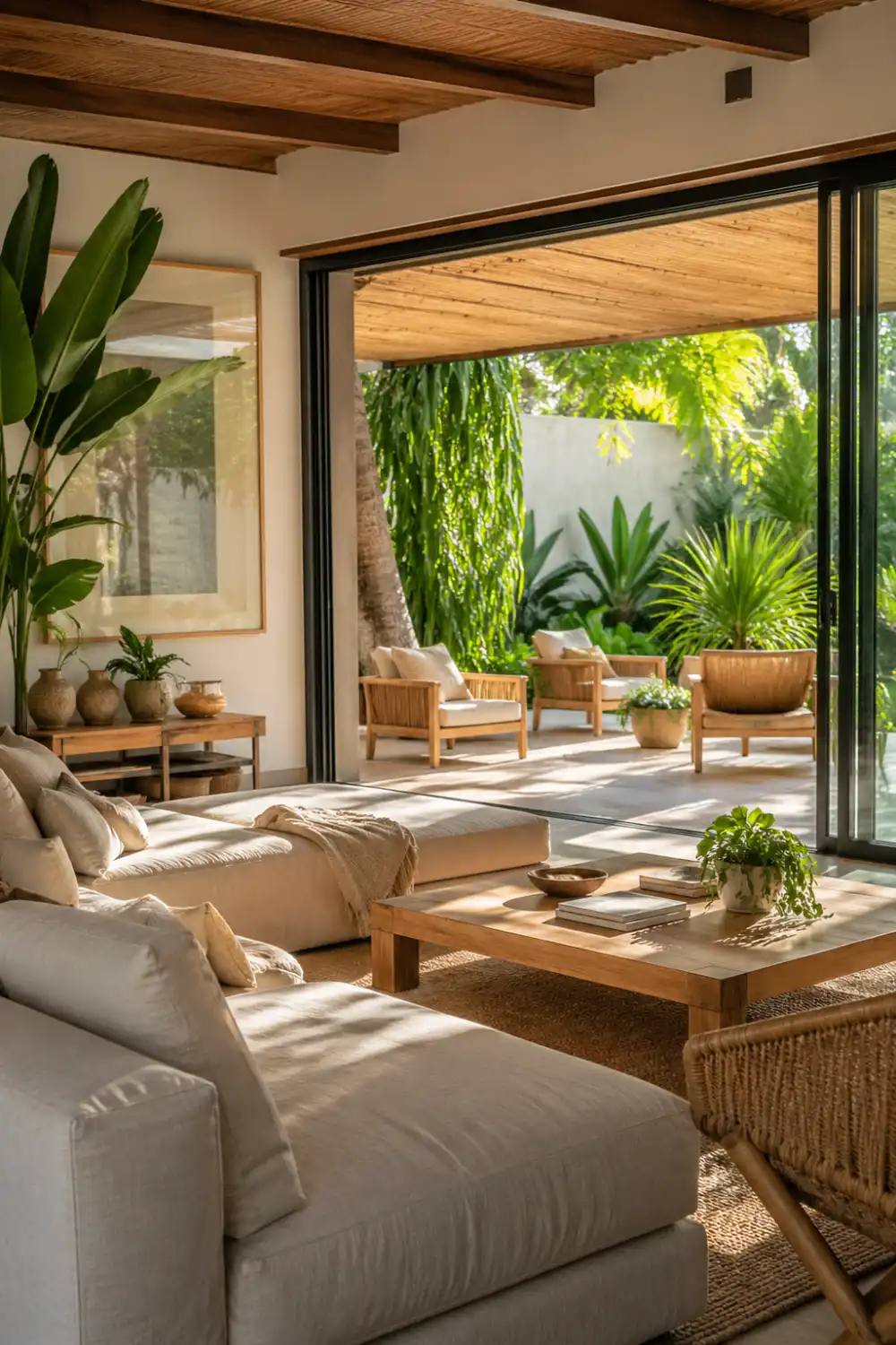 indoor outdoor living room open glass doors greenery patio natural light tropical plants modern home aesthetic summer decor