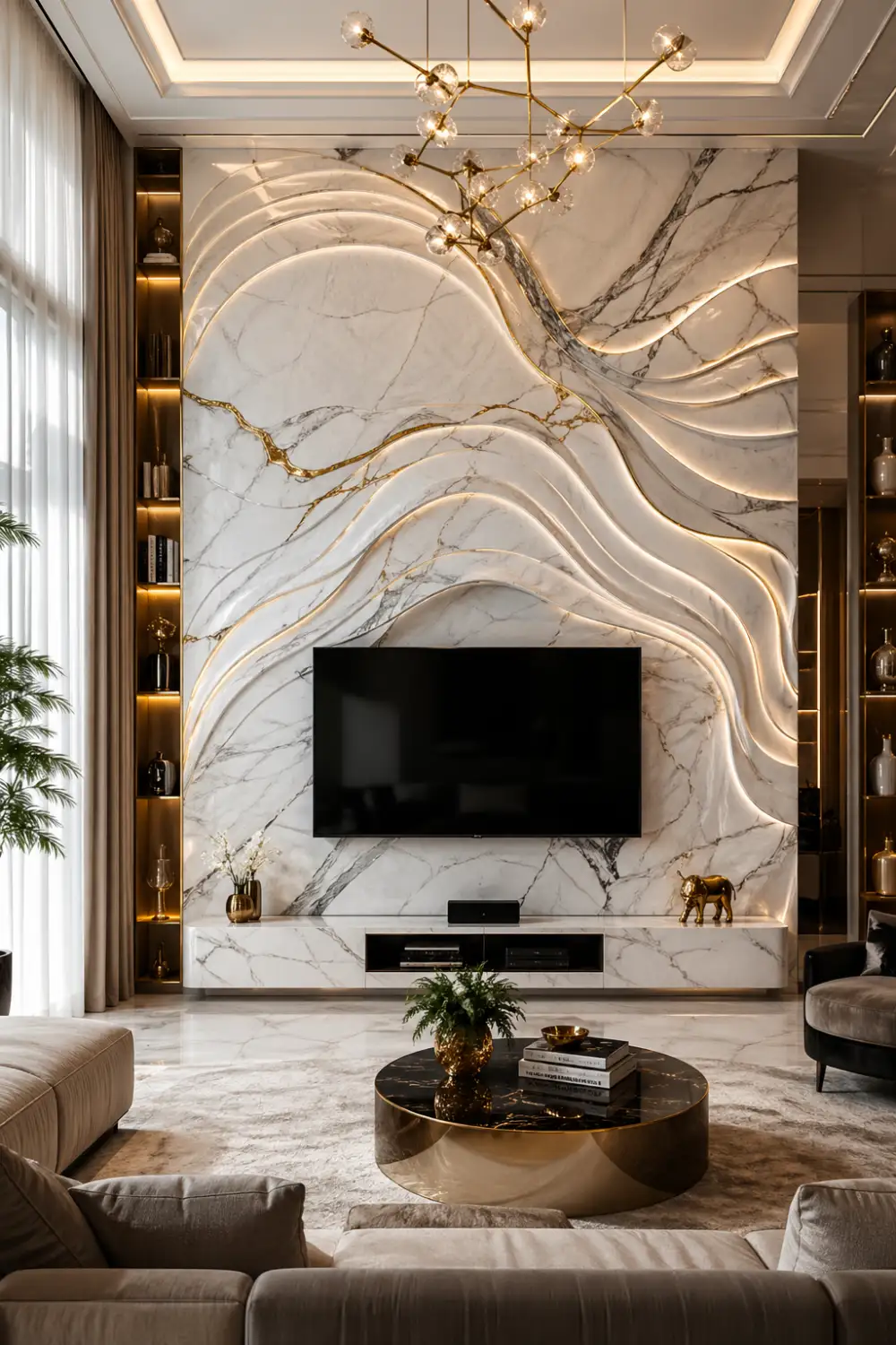 luxury marble 3D TV wall with flowing wave patterns, gold accents and LED lighting, elegant modern living room interior with premium decor elements