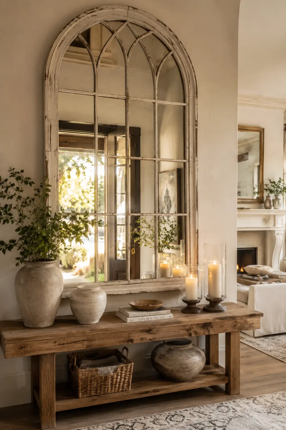 Large arched vintage window frame mirror above rustic wooden console table with candles, ceramic vases, woven baskets, greenery, and elegant neutral farmhouse entryway decor.