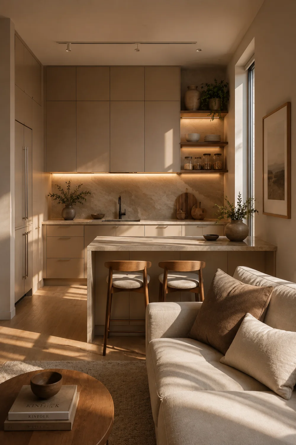 Modern neutral studio apartment kitchen with built-in cabinets, under-cabinet lighting, marble island, warm beige tones, and elegant small apartment decor inspiration.