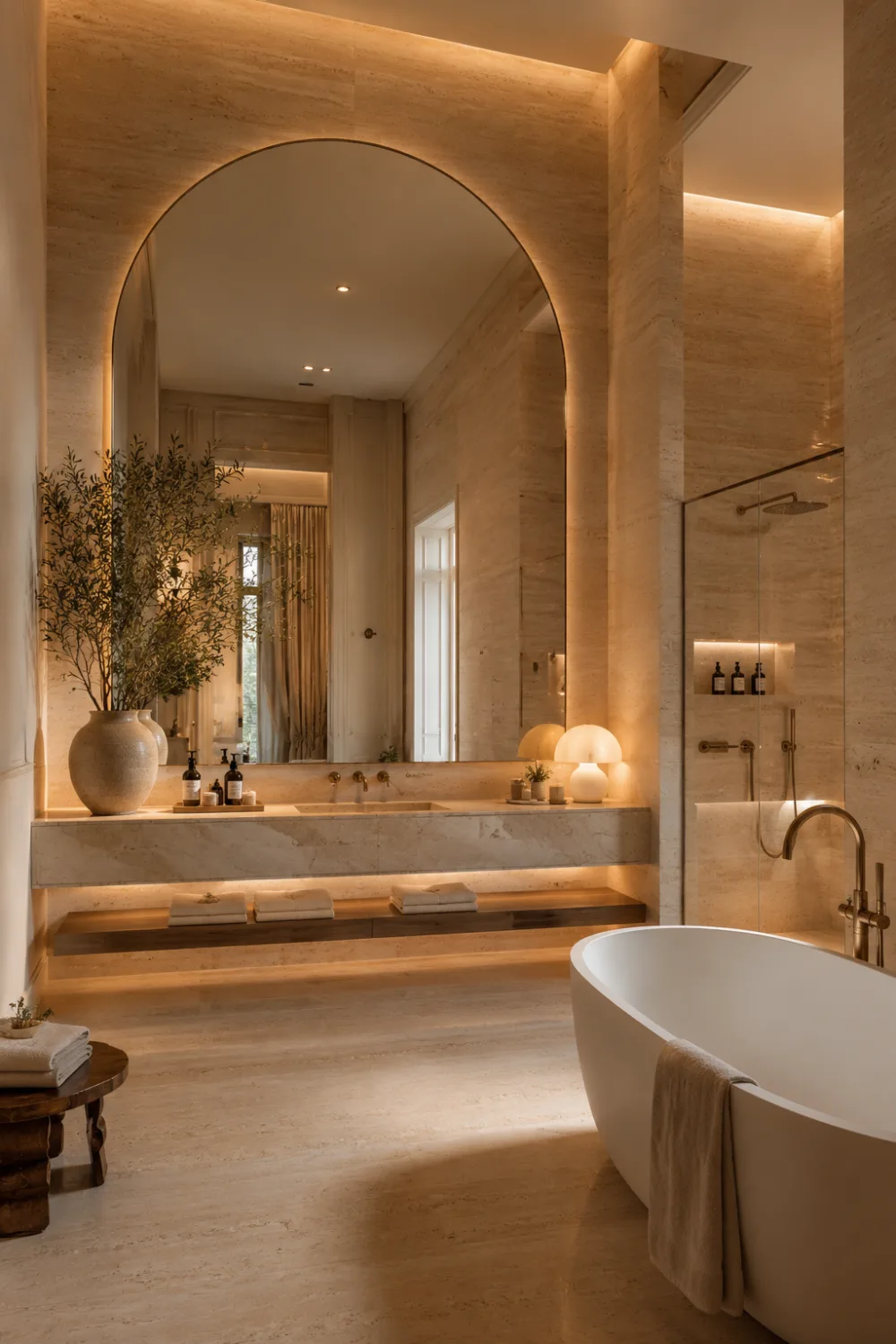 Large full wall arch mirror in a luxury spa bathroom with beige stone walls, floating vanity, freestanding bathtub, warm LED lighting, glass shower enclosure, and elegant high-end neutral interior design.