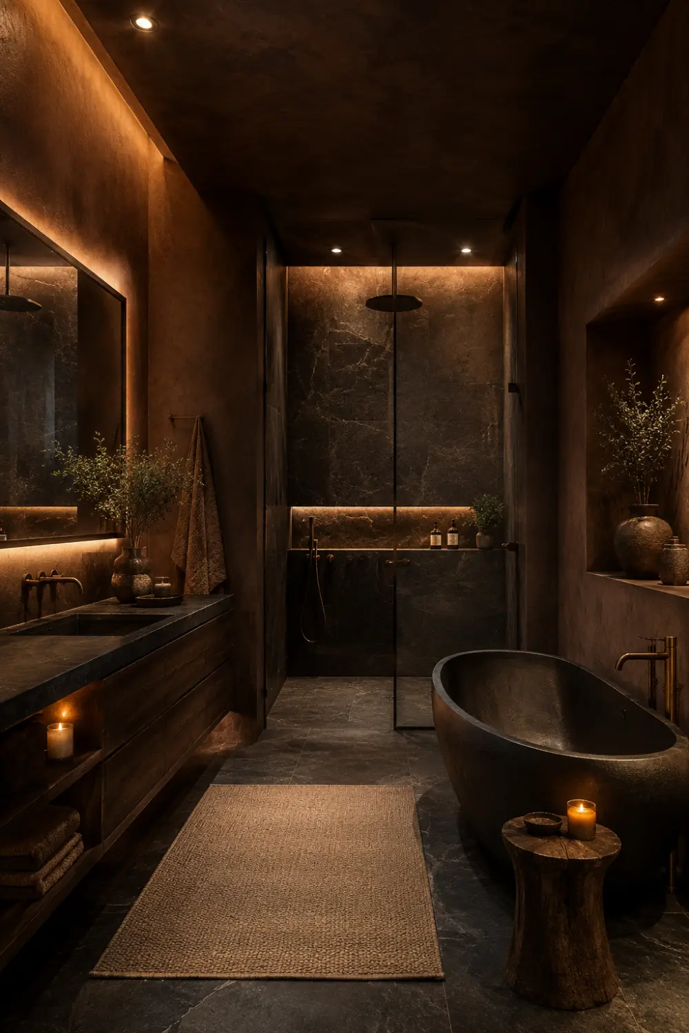 Dark moody earthy bathroom with charcoal stone walls, matte black soaking tub, candlelight decor, warm hidden lighting, dark wood vanity, frameless shower, and luxurious spa-inspired organic modern interior styling.