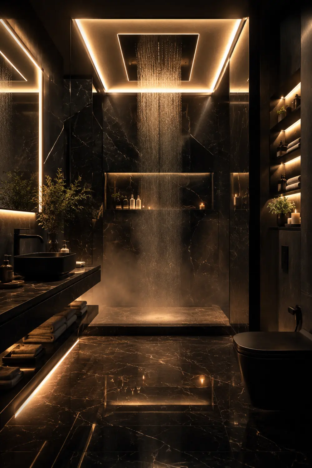 Luxury black marble LED rain shower with glowing ceiling lights, reflective dark flooring, frameless glass, and futuristic spa bathroom interior decor.