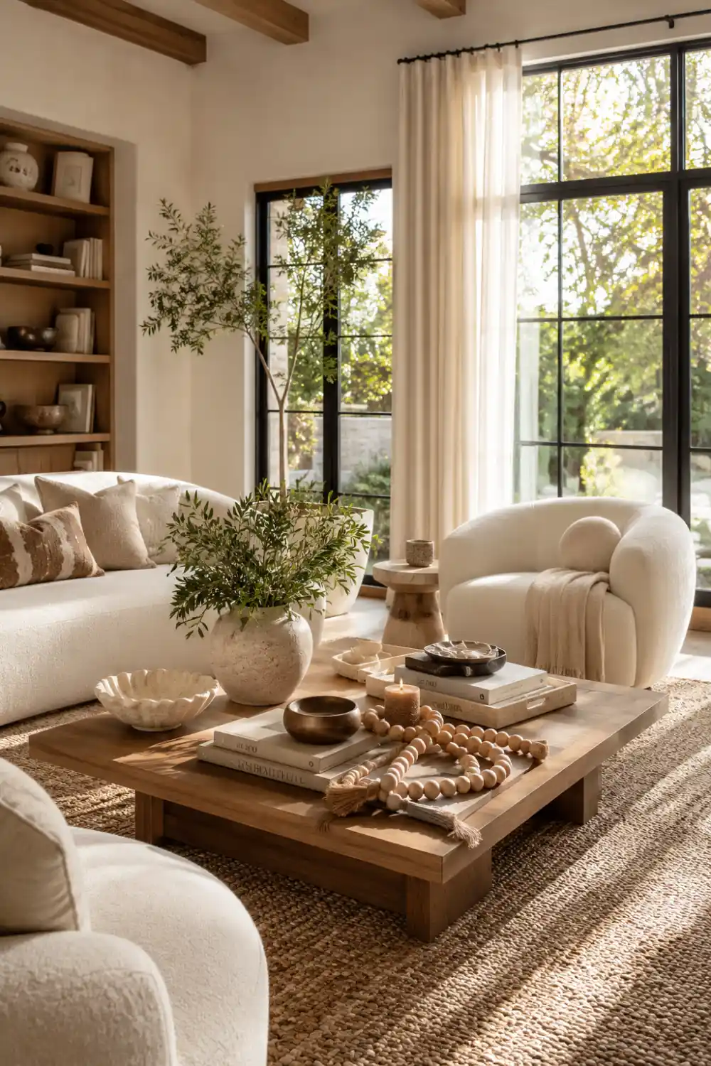 Organic modern living room featuring a warm wood coffee table styled with layered neutral books, ceramic bowls, candles, wooden bead garlands, and fresh greenery. Bright sunlight, textured rugs, and cozy cream furniture create a soft Pinterest-inspired luxury interior aesthetic.