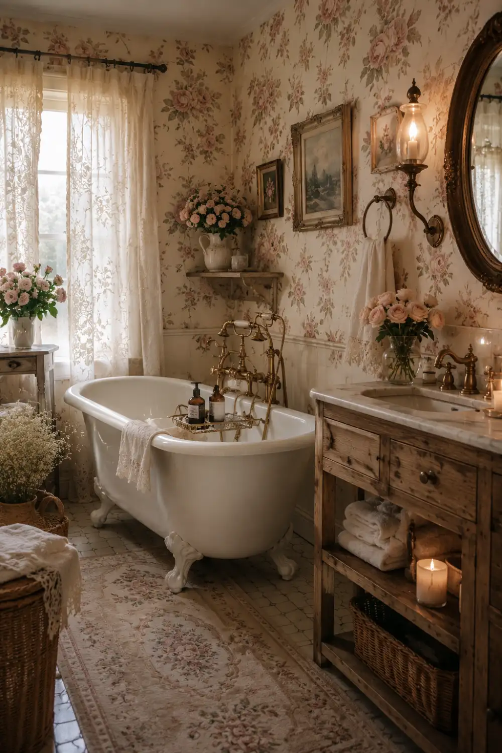 Romantic floral vintage bathroom with clawfoot bathtub, floral wallpaper, rustic wooden vanity, brass fixtures, lace curtains, candles, and cozy cottage decor.