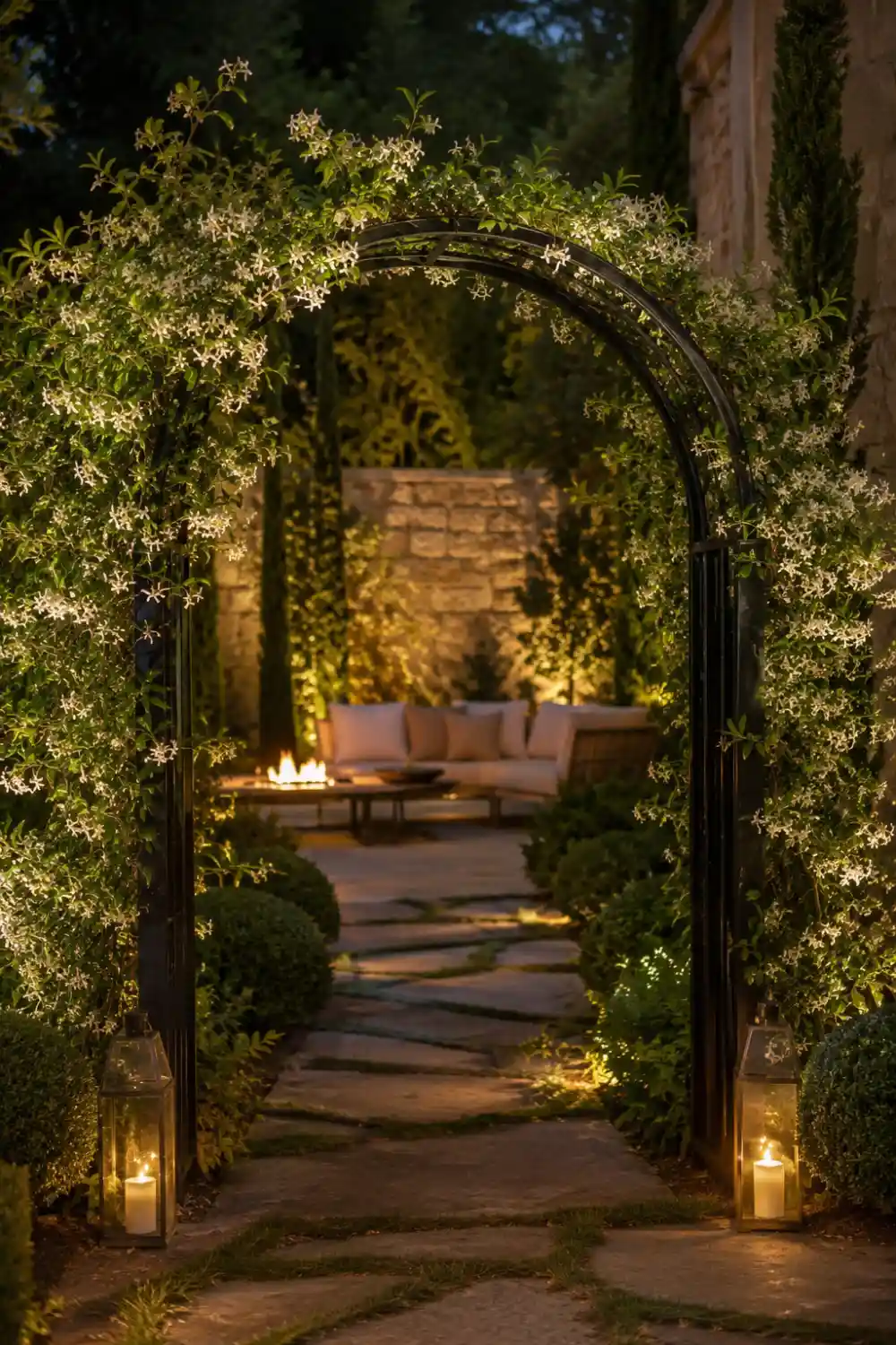 Elegant black metal garden arch covered in blooming white jasmine flowers with glowing lanterns, stone pathways, and luxury romantic backyard landscaping at night.