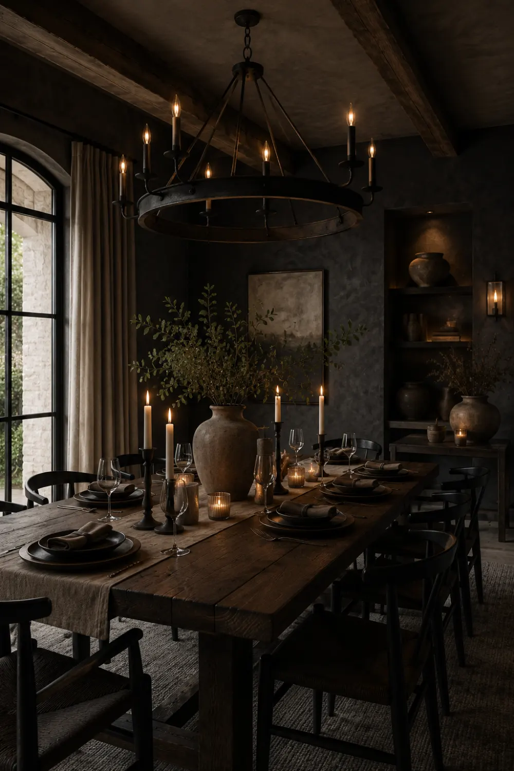Dark moody rustic dining room with black dining chairs, dark wood dining table, oversized iron chandelier, candlelit dining setup, deep charcoal walls, earthy pottery decor, exposed wooden beams, dramatic lighting, warm rustic textures, and luxurious countryside interior styling.
